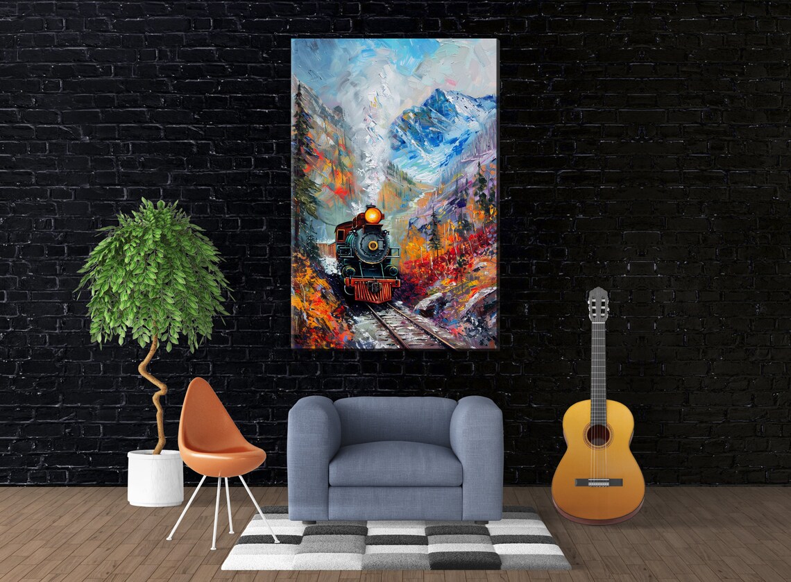 Nostalgic Train Station In Fall Mountains Giclee Print On Gallery Wrapped Artist Available In Extra Large Sizes - Image 3