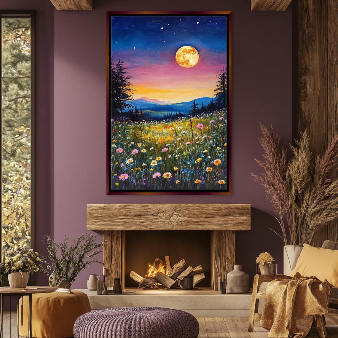 Full Moon Over Wildflower Meadow Starry Night Sky Landscape Poster - Image 4