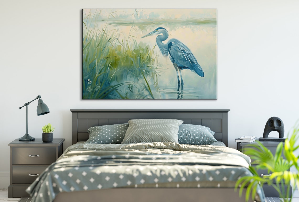 Blue Heron Misty Morning Marsh Soft Watercolor Coastal Art Poster - Image 2