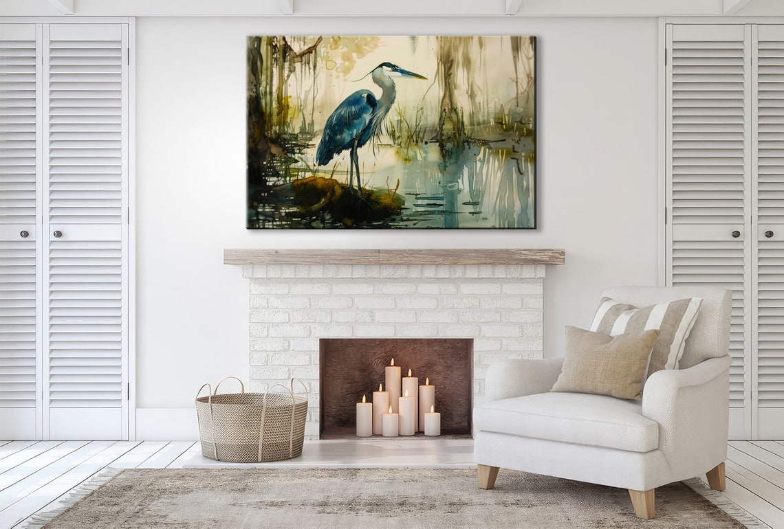 Blue Heron Cypress Swamp Watercolor Misty Reflections Art Poster - Image 2