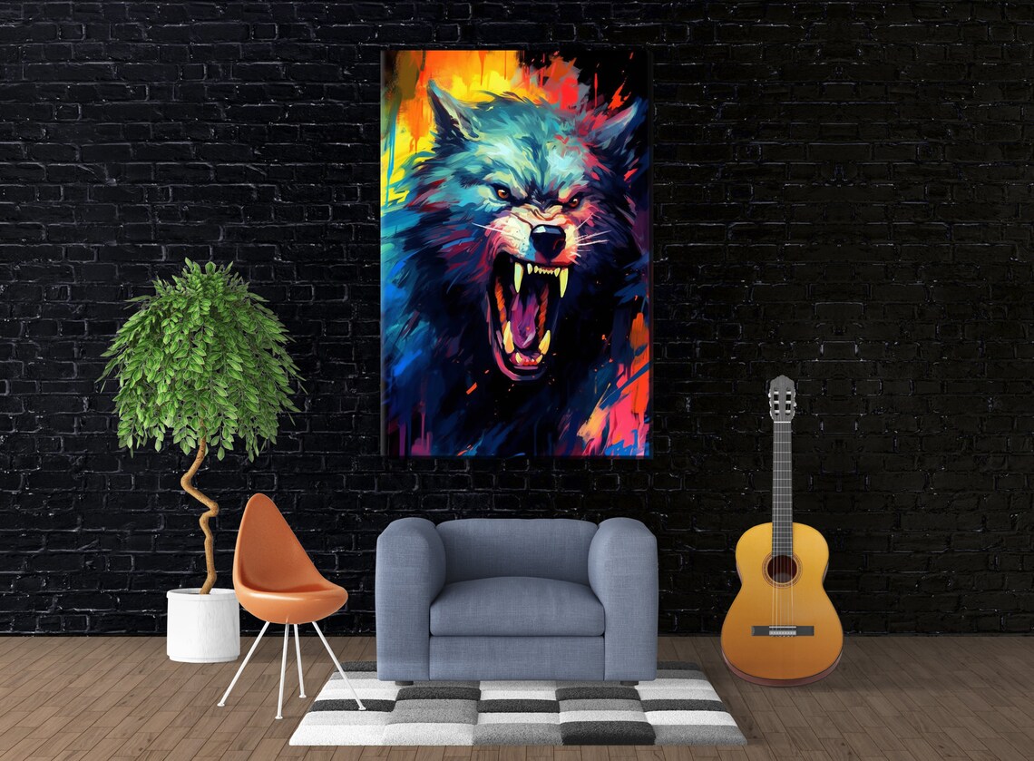 Fierce Blue Werewolf Snarling Fangs Fiery Orange Expressionist Art Print - Image 3