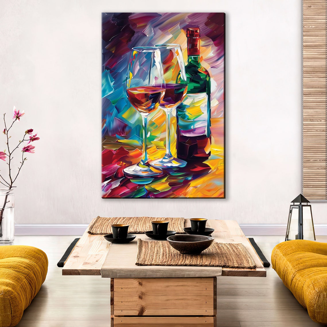 Abstract Red Wine Bottle Two Glasses Colorful Impasto Kitchen Poster - Image 2