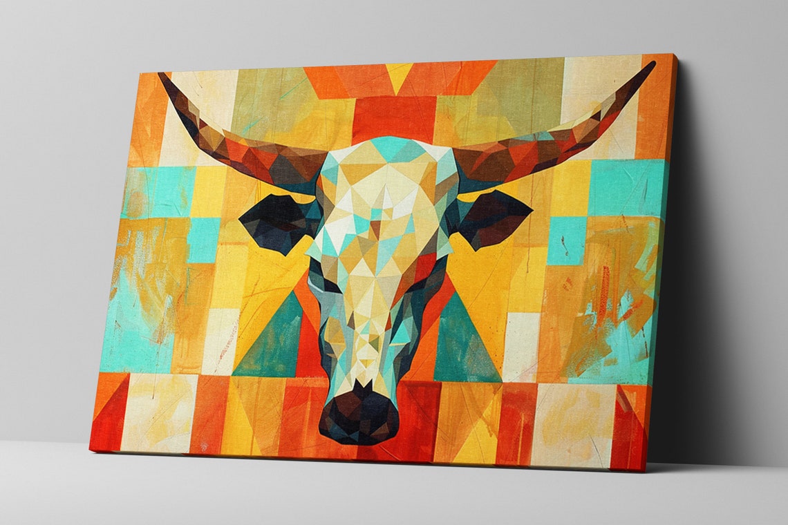 Mid Century Geometric Longhorn Steer Head Orange Teal Wall Art Poster - Image 5