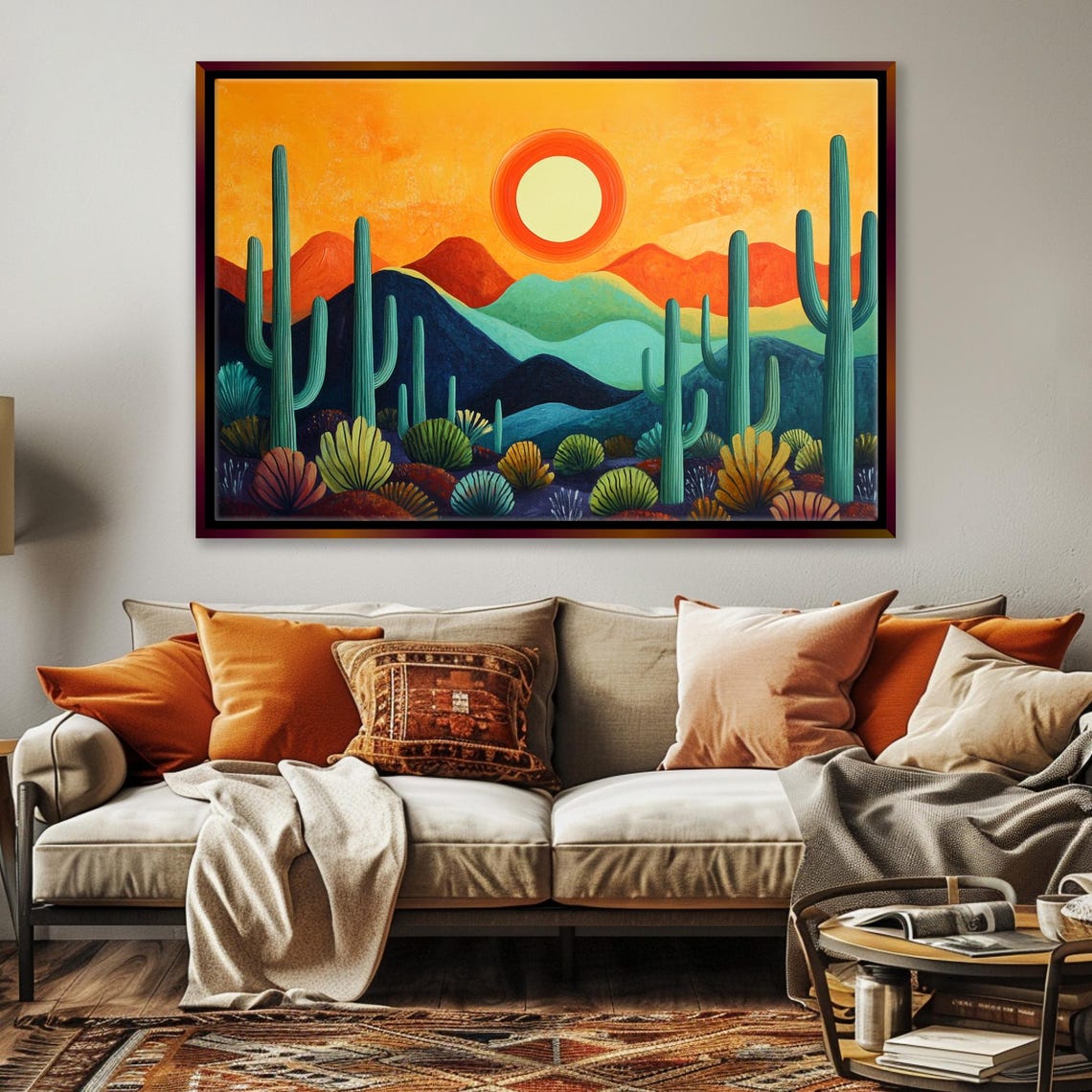 Mid Century Modern Desert Sun Saguaro Cactus Mountain Landscape Poster