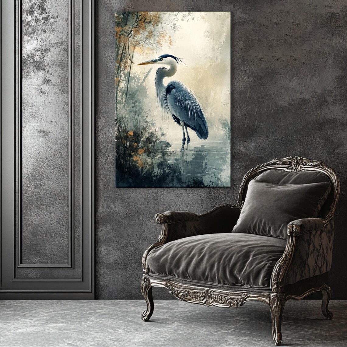 Muted Blue Heron, Coastal Bird Wall Art Print - Image 3