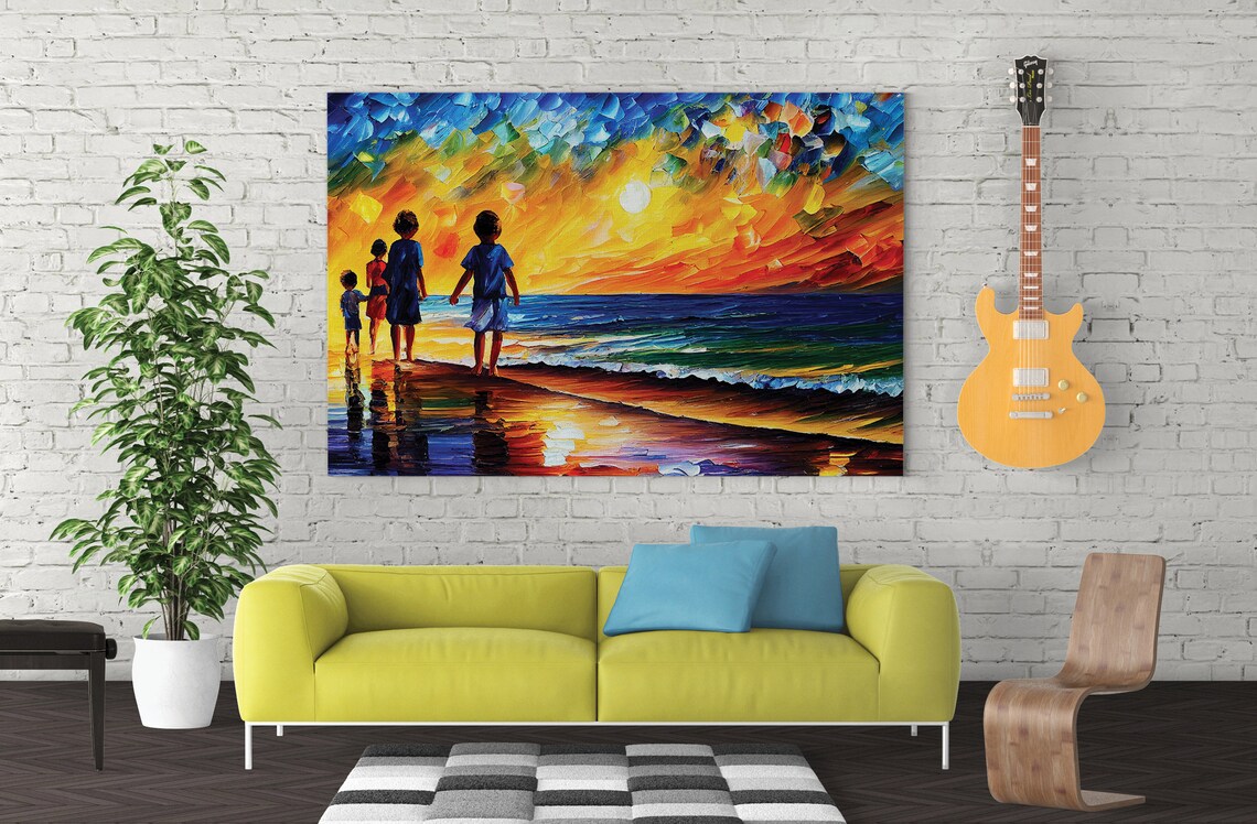 Kids Running on Golden Sunset Beach Silhouettes Ocean Waves Poster - Image 4