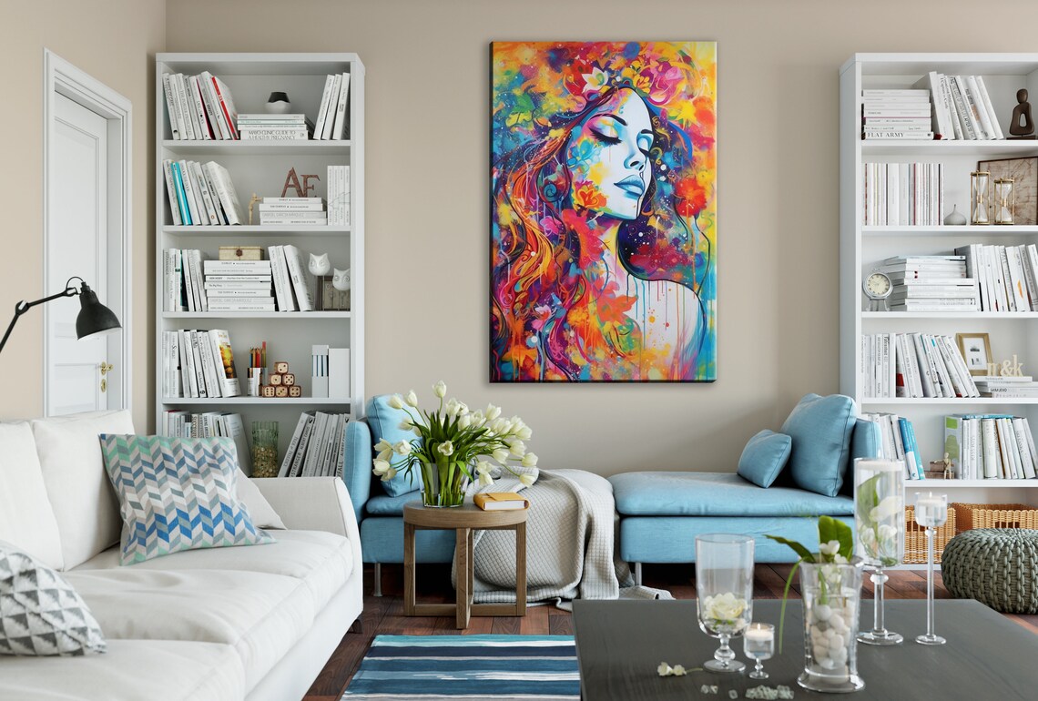 Serene Woman Face Rainbow Paint Drip Hair Floral Mixed Art Poster - Image 3