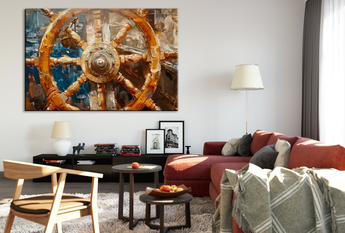 Golden Ships Wheel Close Up Deep Blue Nautical Maritime Wall Art - Image 2