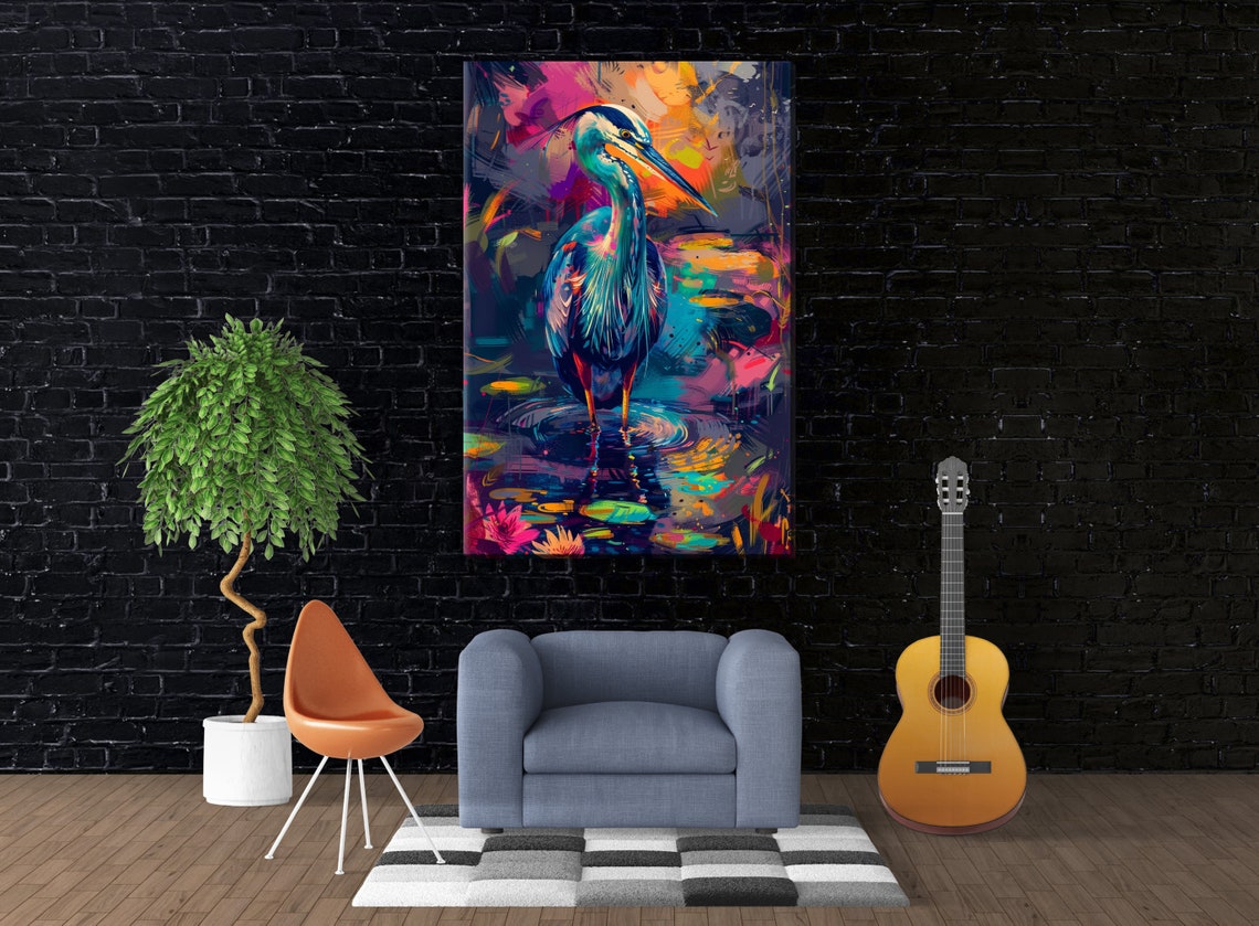Vibrant Blue Heron Neon Wetlands Expressionist Bird Art Poster - Image 3