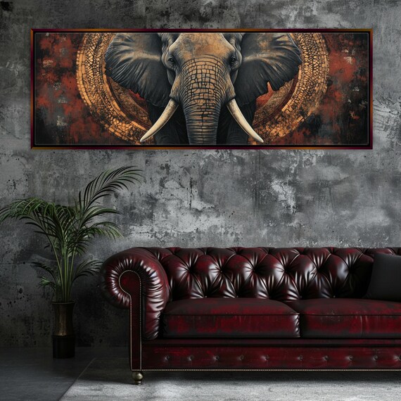 African Elephant Portrait Golden Mandala Bronze Warm Panoramic Art Poster