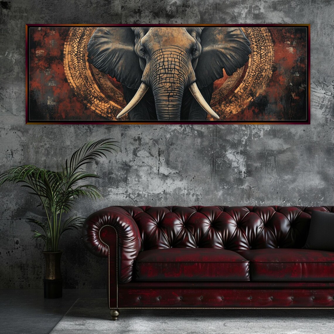 African Elephant Portrait Golden Mandala Bronze Warm Panoramic Art Poster