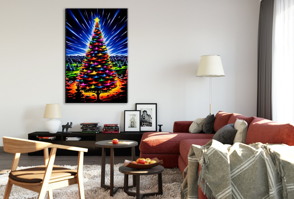 Vibrant Rainbow Lit Christmas Tree Night Sky Snowy Village Art Poster - Image 3