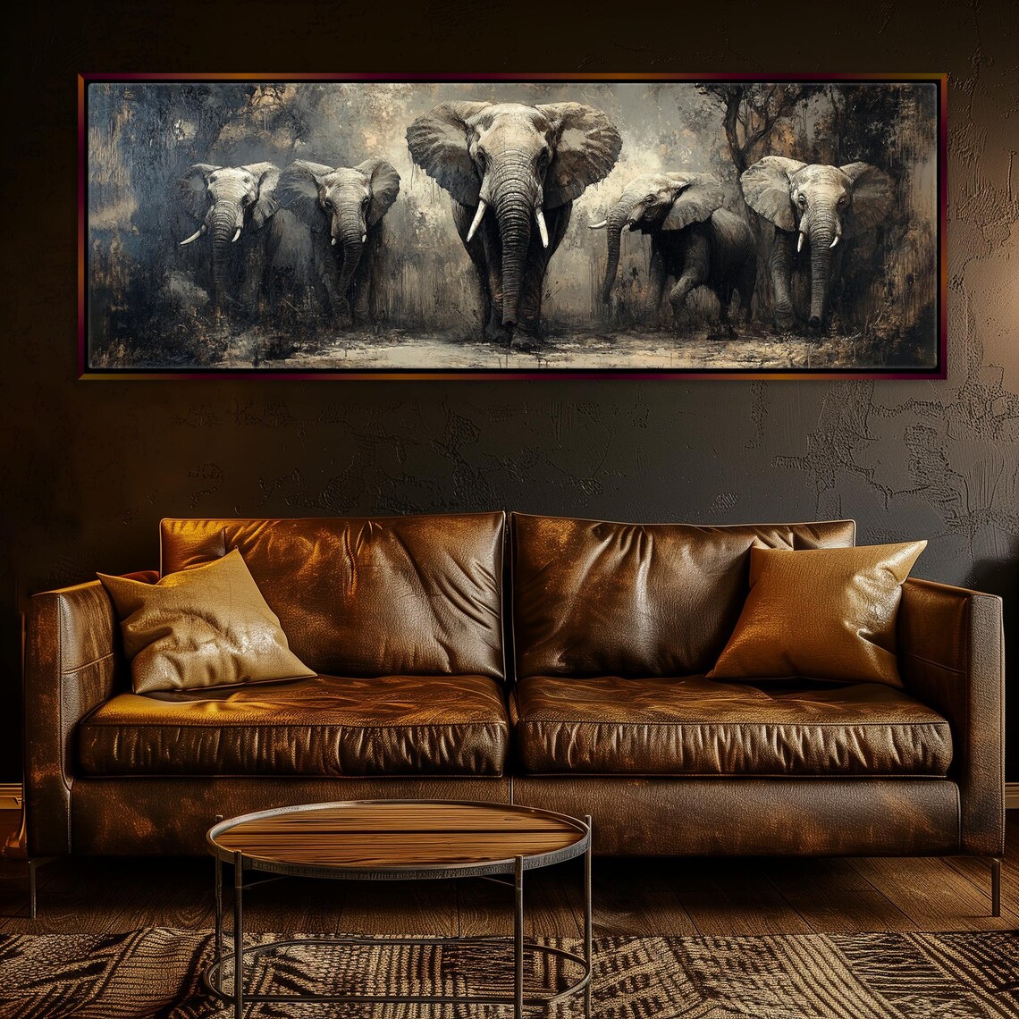 Elephant Herd Panoramic Art Print, Wildlife Scene - Image 3