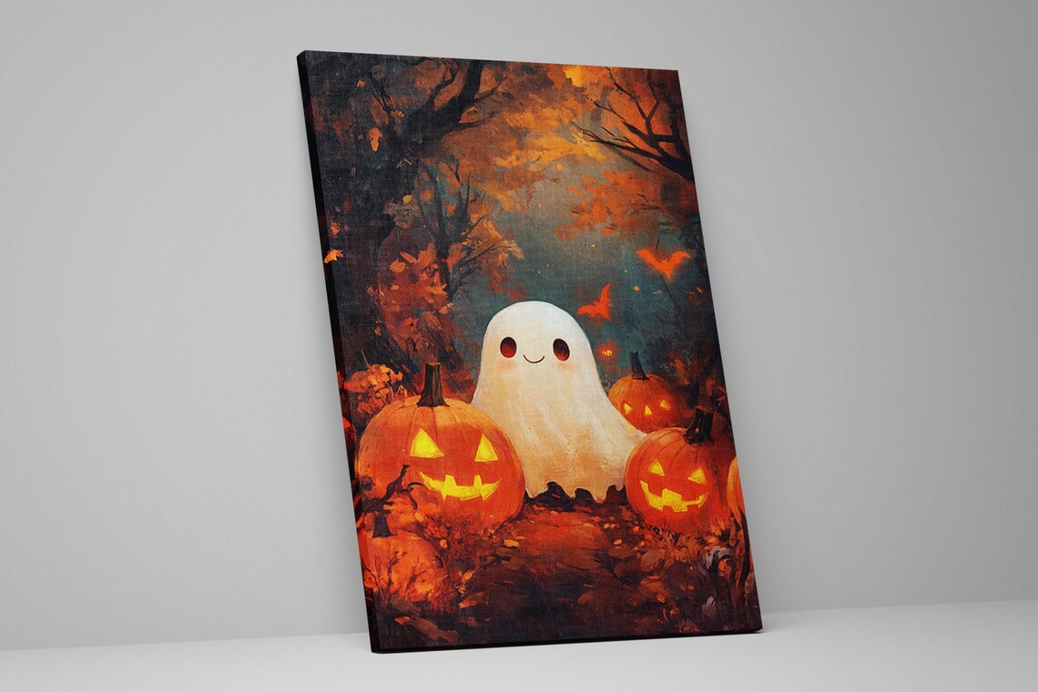 Cute Ghost With Jack O Lanterns Autumn Forest Night Halloween Art Poster - Image 2