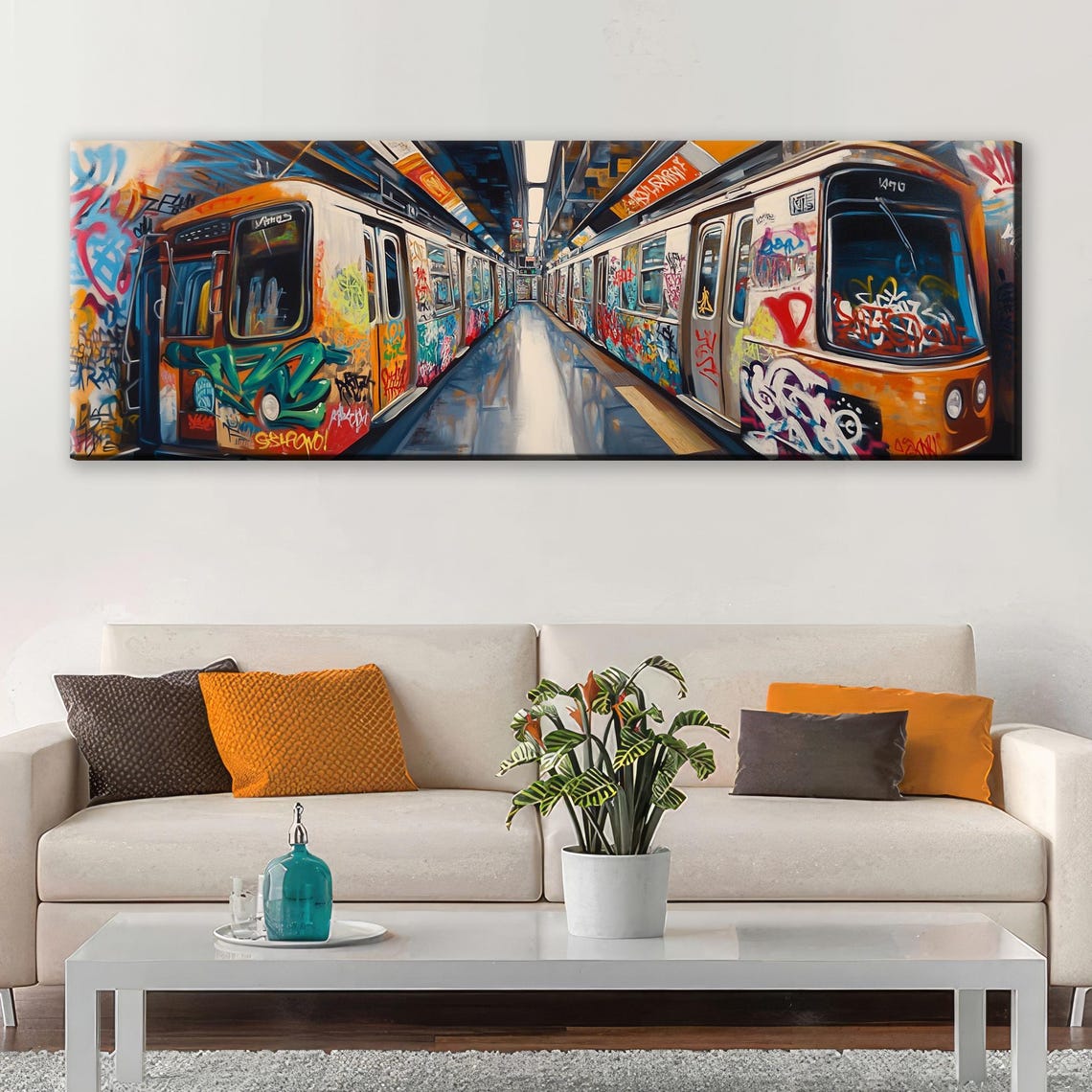Urban Graffiti On Subway Train Street Art Framed Unframed Long Horizontal Gallery Wrapped Ready To Hang Extra Large Wall Art