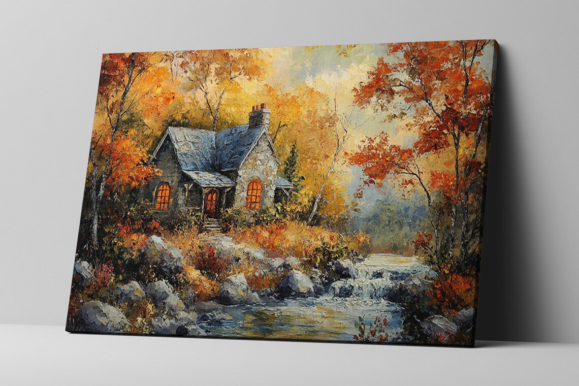 Quaint Stone Cottage Autumn Fall Landscape Stream Warm Glow Wall Art - Image 2