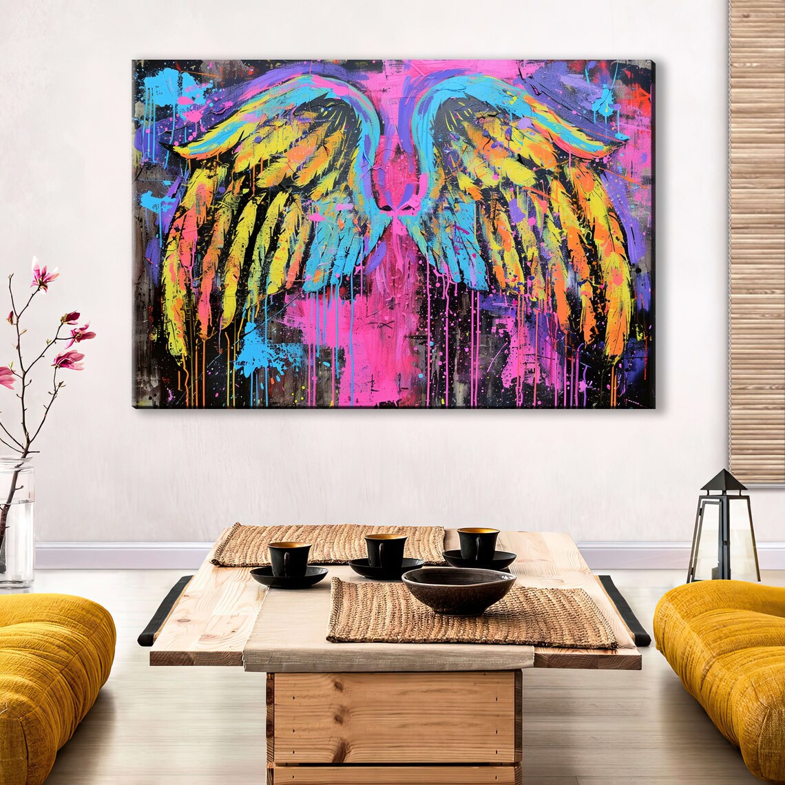 Colorful Neon Angel Wings Pop Art Pink Blue Yellow Graffiti Wall Art - Image 2