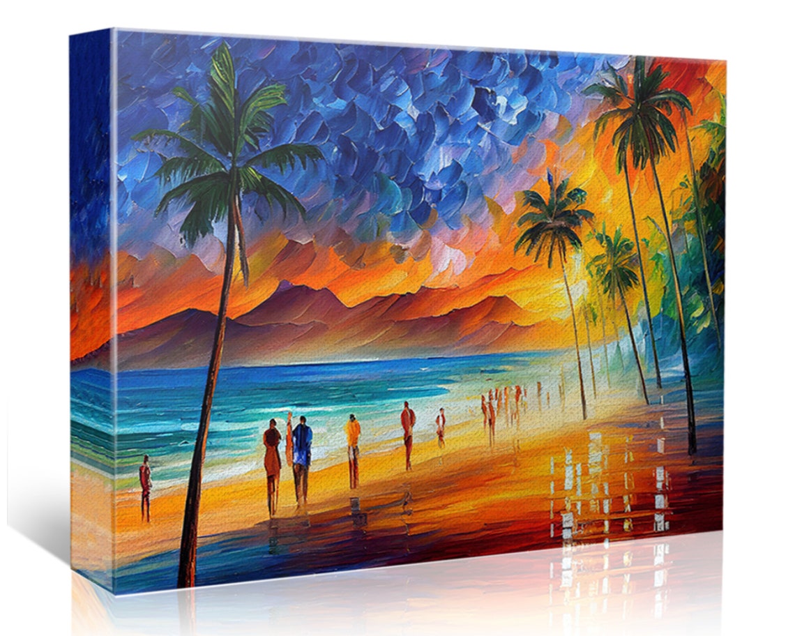 Hawaii Tropical Beach Sunset Palm Trees Beachgoers Island Poster - Image 5