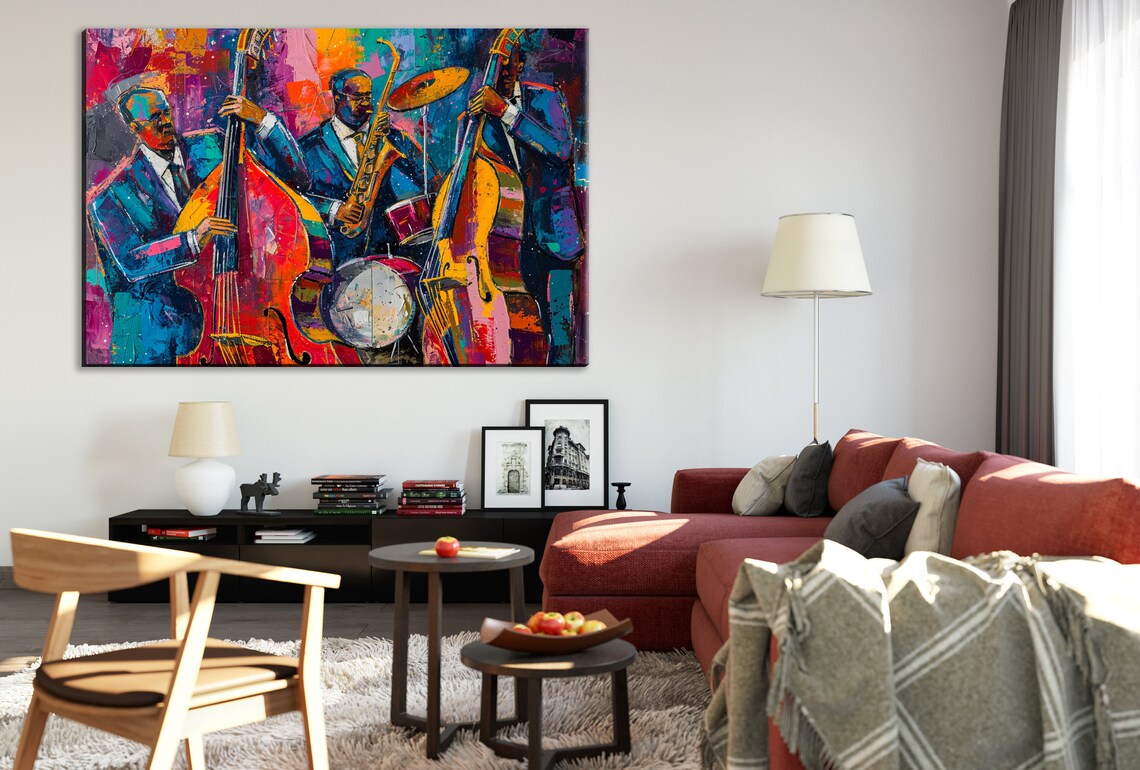 Energetic Jazz Trio Double Bass Saxophone Drums Colorful Music Art Poster - Image 3