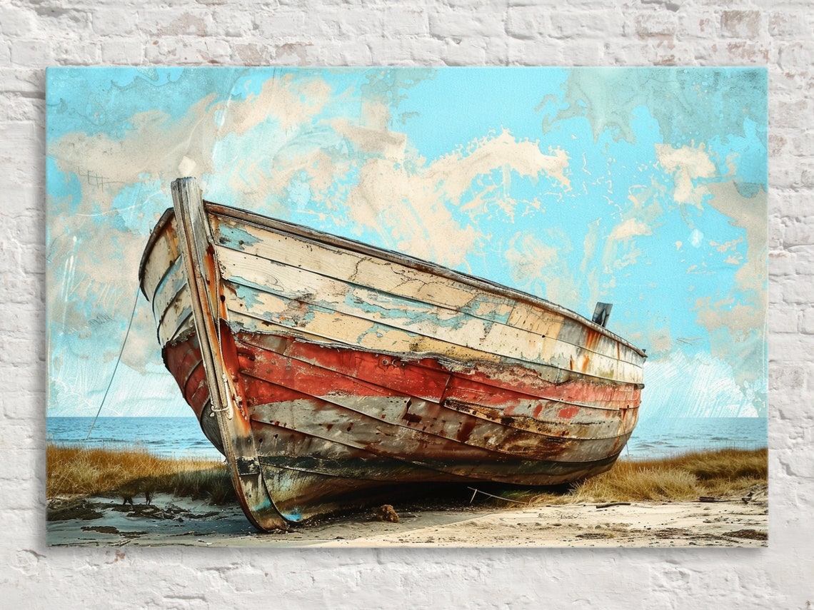 Vintage Red White Weathered Wooden Boat Beached Shore Nautical Poster