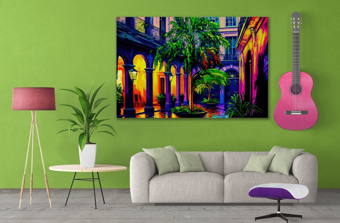 New Orleans French Quarter Courtyard Night Colorful NOLA Travel Poster - Image 3