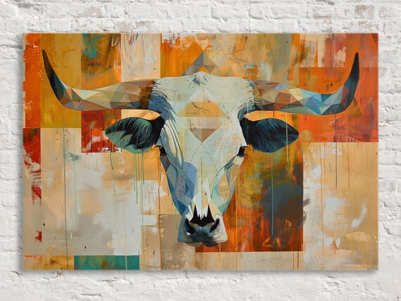 Faceted Longhorn Cow Skull Geometric Orange Sunset Western Art Poster