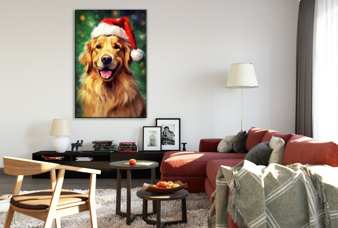 Golden Retriever in Santa Hat Christmas Art Print - Image 3