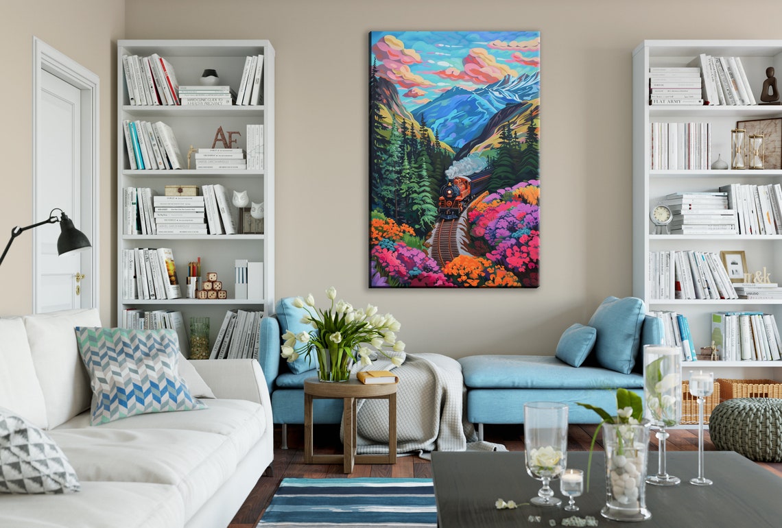 Steam Train Pink Flower Meadow Mountain Valley Pop Art Rail Poster - Image 2