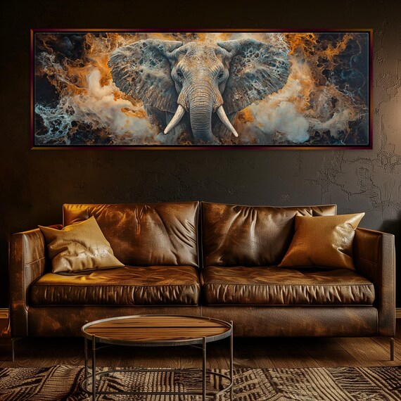 Abstract Elephant In Orange Grey Smoke Swirls Dramatic Panoramic Art Print