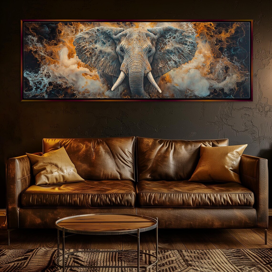 Abstract Elephant In Orange Grey Smoke Swirls Dramatic Panoramic Art Print