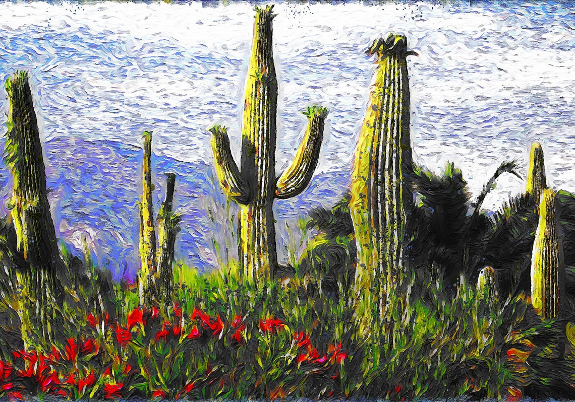 Saguaro Cactus Desert Bloom Red Wildflowers Sunny Impressionist Poster