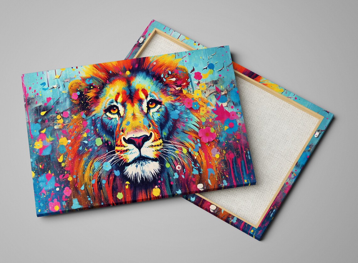 Majestic Colorful Lion Portrait Rainbow Mane Floral Pop Art Poster - Image 4