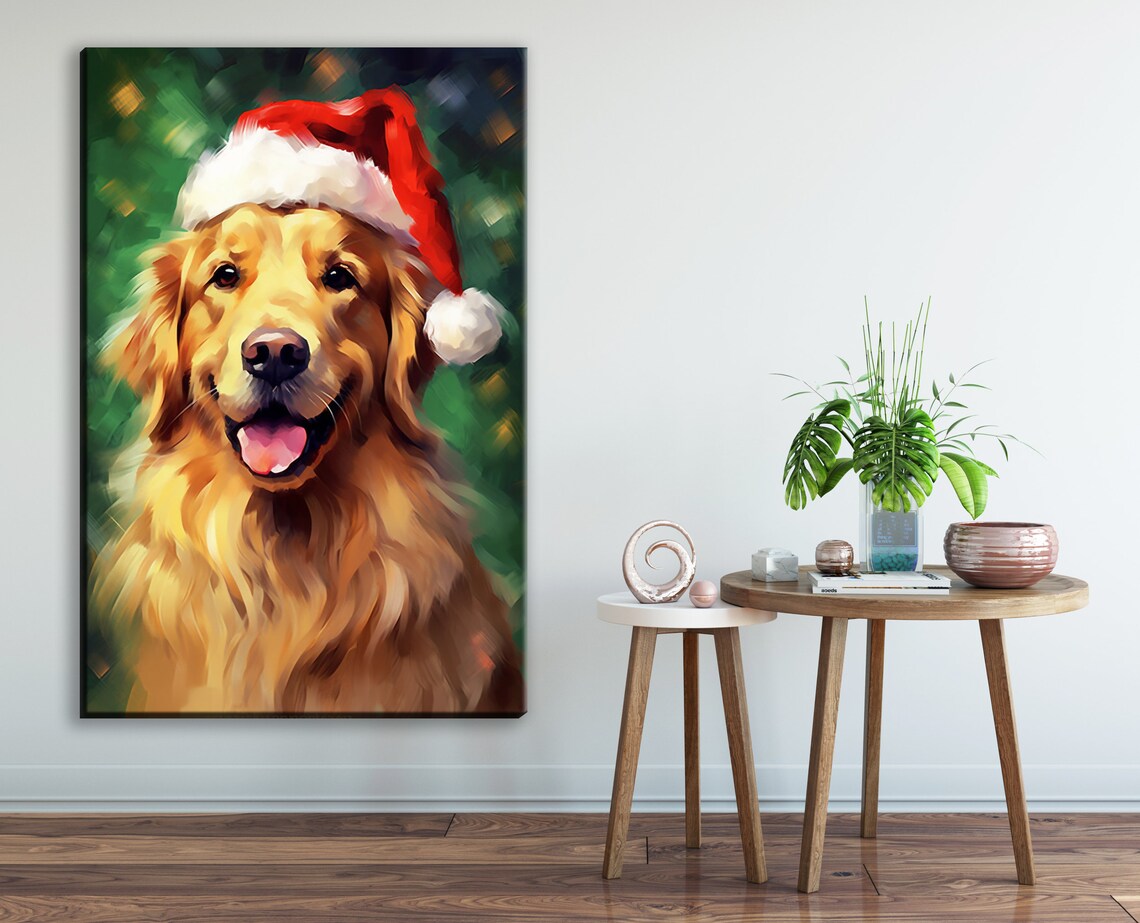 Golden Retriever in Santa Hat Christmas Art Print - Image 2