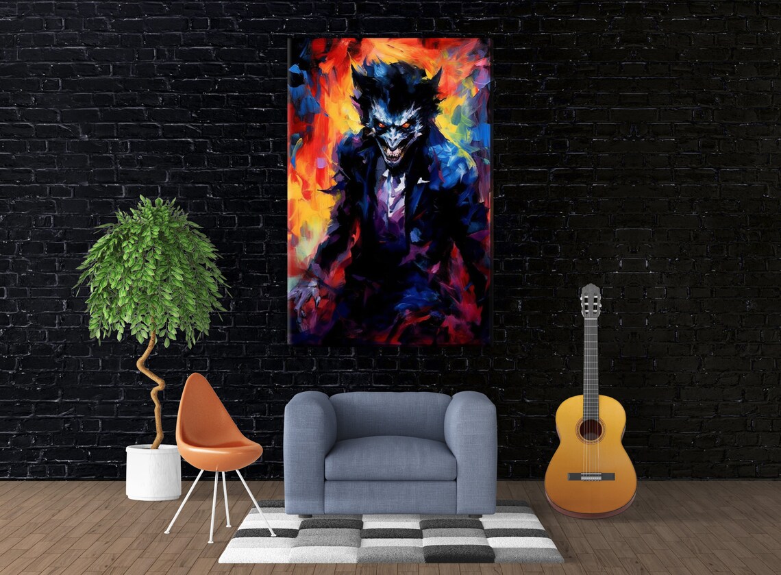 Snarling Werewolf Monster Fiery Background Expressionist Horror Art Poster - Image 3