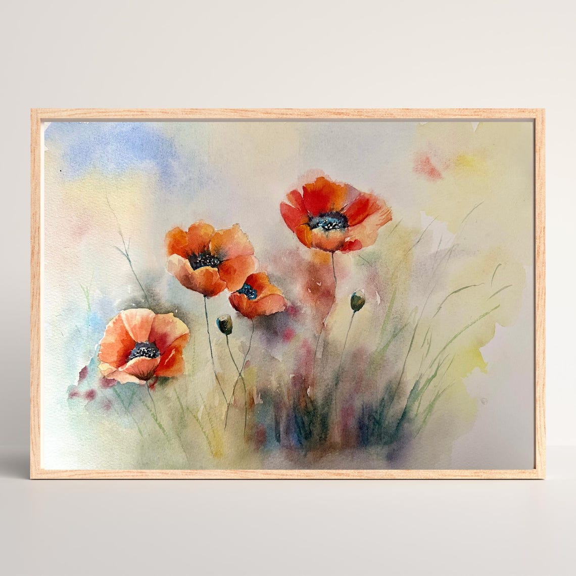 Orange Red Poppies in Soft Misty Morning Light Watercolor Poster