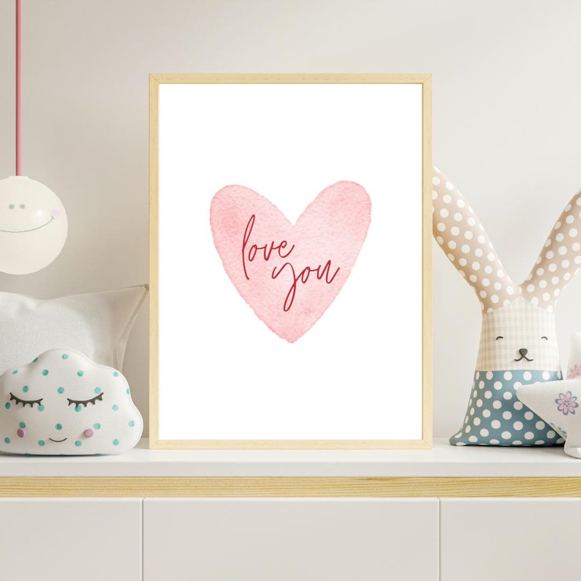 Love You Pink Watercolor Heart Script Nursery Kids Room Poster