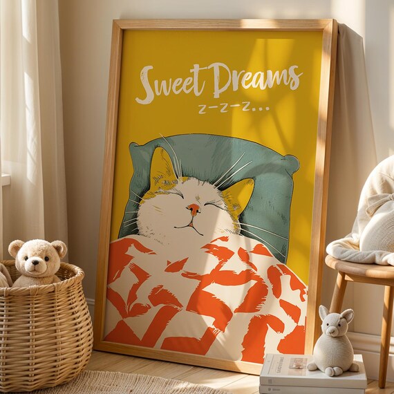 Sweet Dreams Sleeping Cat Illustration Colorful Nursery Poster