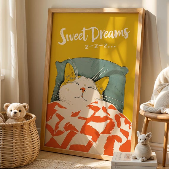 Sweet Dreams Sleeping Cat Print Cozy Bedroom Art Funny Bedtime Wall Decor Cute Animal Poster For Nursery Or Pet Lovers
