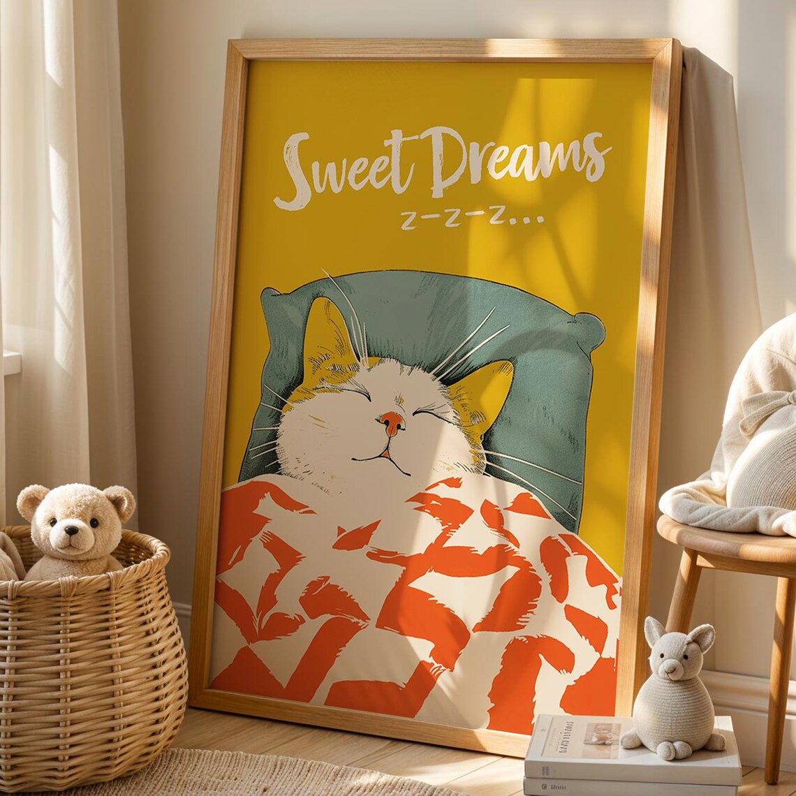 Sweet Dreams Sleeping Cat Illustration Colorful Nursery Poster