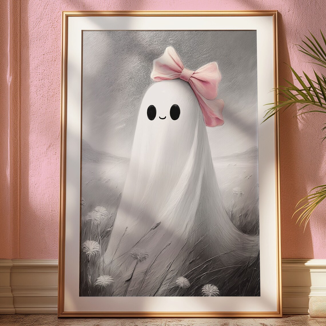 Monochrome Ghost With Pink Bow Standing In A Daisy Meadow Poster