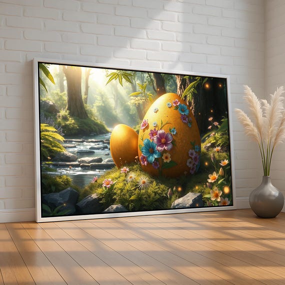 Floral Easter Egg Wall Art Whimsical Spring Forest Canvas Print Pastel Nature Holiday Decor For Nursery Or Home Ready To Hang