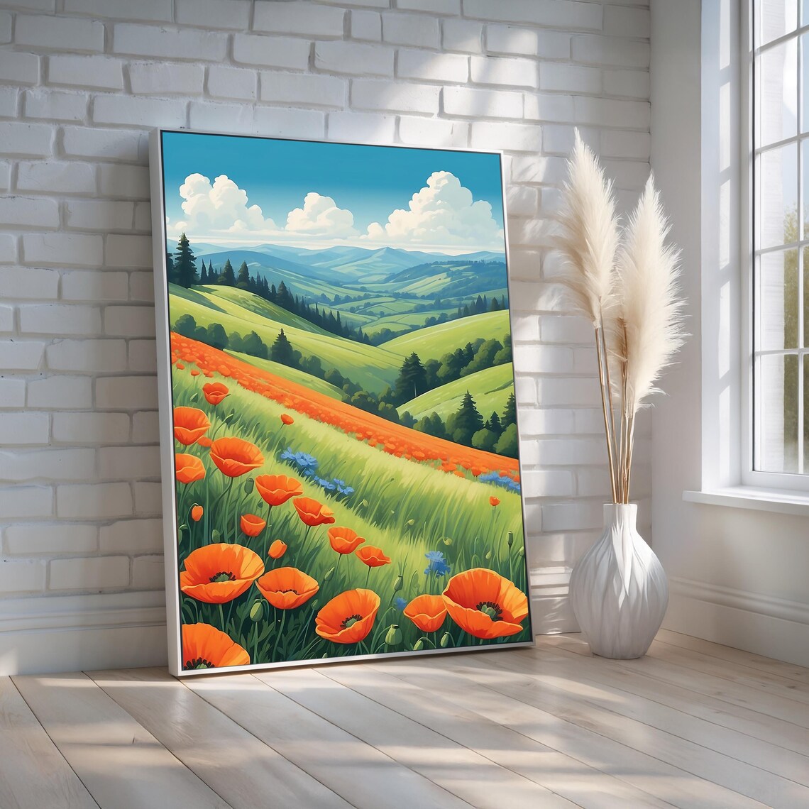 Poppy Field Rolling Green Hills Vibrant Wildflower Art Poster