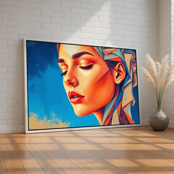 Geometric Woman Portrait Canvas Wall Art Bold Abstract Face Illustration Modern Colorful Print Ready To Hang