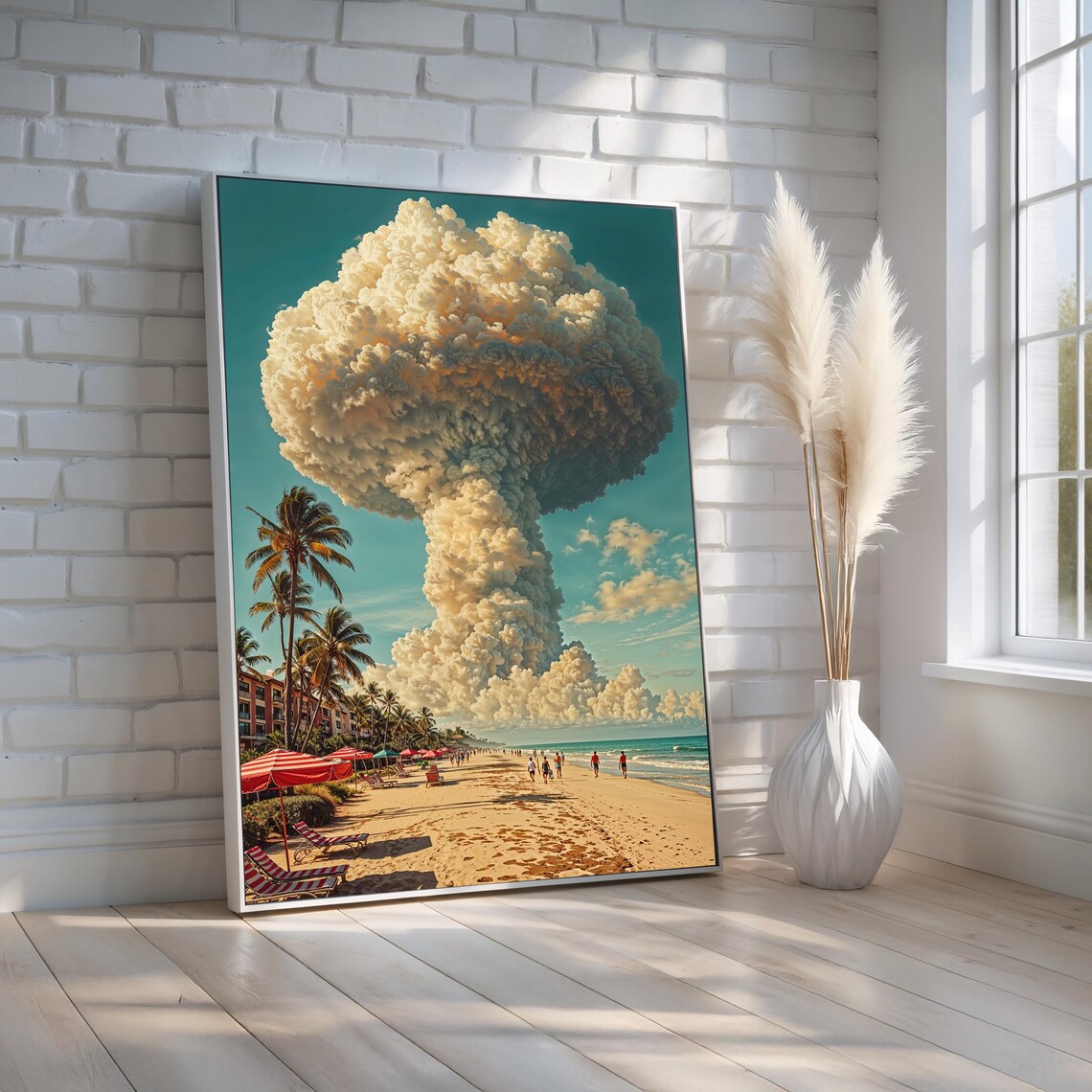 Atomic Beach Surreal Retro Pool Scene Art Print