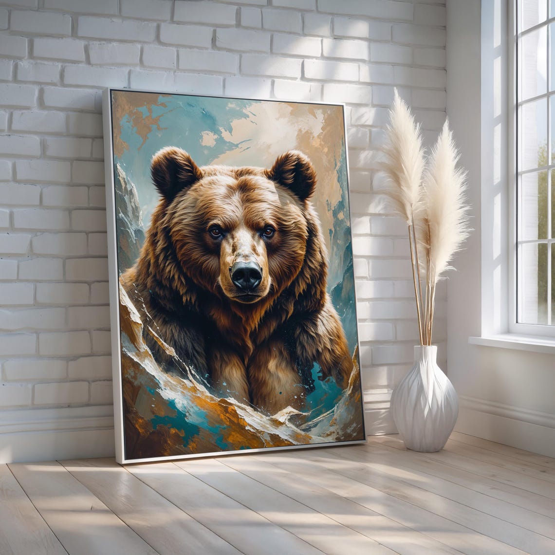 Powerful Brown Bear Portrait Teal Gold Abstract Rustic Lodge Wall Art