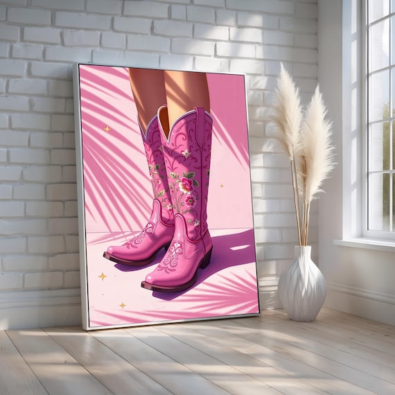 Pink Cowgirl Boots Floral Embroidery Western Glam Canvas Wall Art