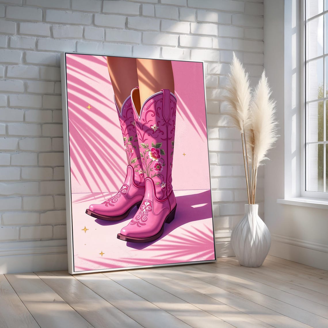 Pink Cowgirl Boots Art Western Glam Wall Print Floral Rodeo Poster Cute Country Girl Decor Feminine Cowboy Style Ready To Hang