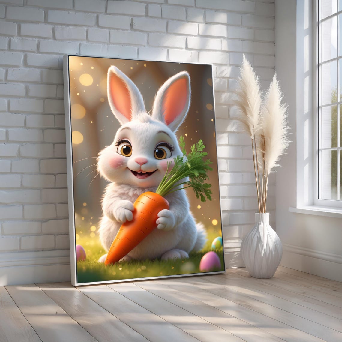 Adorable White Bunny Holding Carrot with Easter Eggs Kids Art Poster
