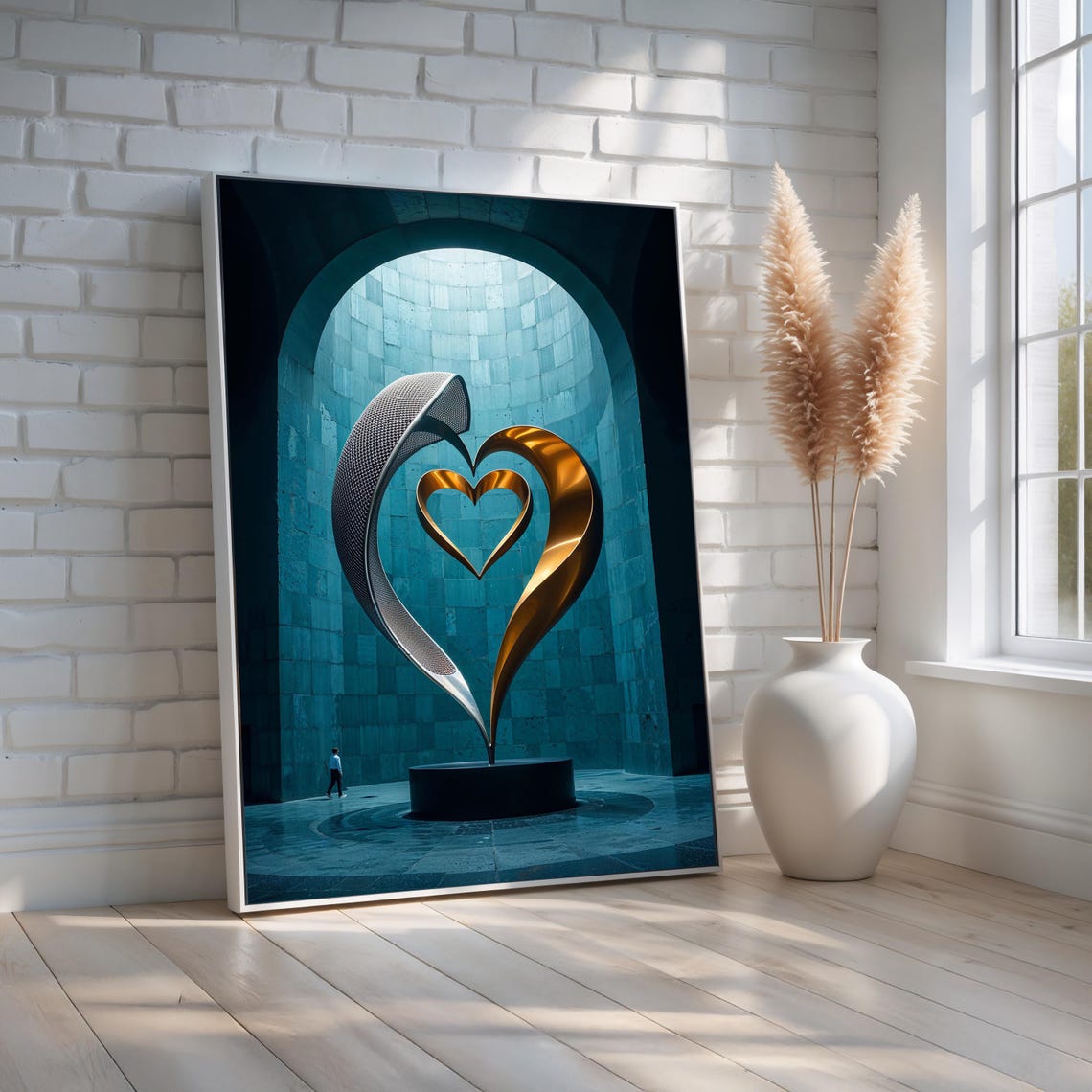 Modern Metal Heart Sculpture Gold Silver Teal Hall Romantic Poster
