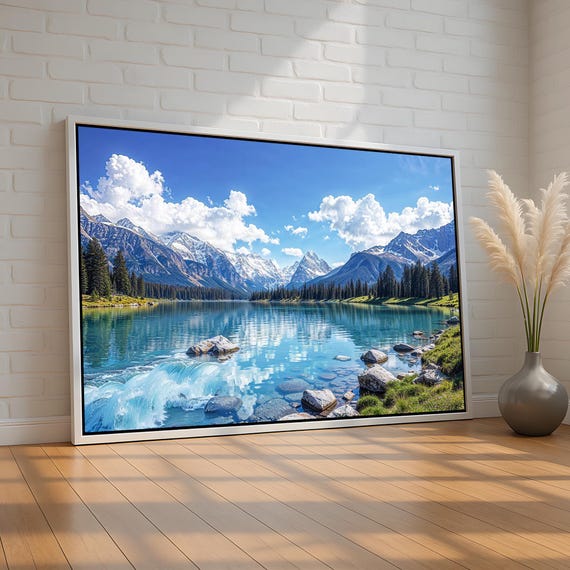 Mountain Lake Landscape Wall Art Crystal Blue Waterfall Snowy Peaks Canvas Print Nature Calm Cabin Decor Ready To Hang